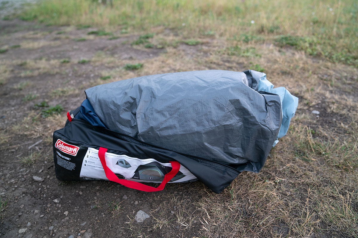 Coleman Skydome 6P camping tent (trying to stuff in storage bag)